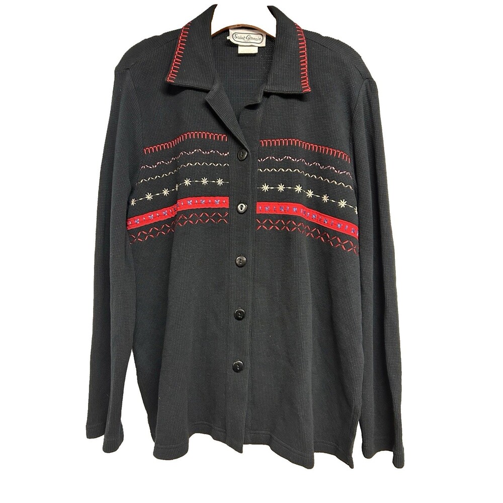 St Germain Women's Size L Cotton Knit Button Up Black Knit Cardigan Embroidered